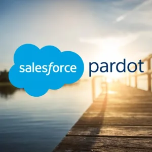 Image: Pardot logo with photo of sunrise over wooden pier.