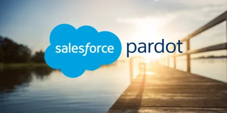 Image: Pardot logo with photo of sunrise over wooden pier.