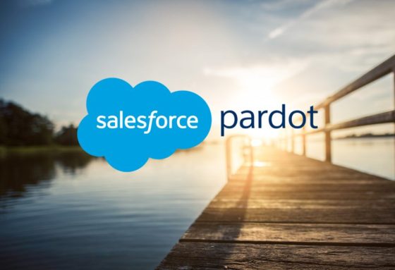 Image: Pardot logo with photo of sunrise over wooden pier.