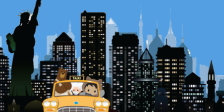 Image: Salesforce mascots driving a yellow cab in front of the New York City skyline.