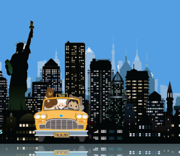 Image: Salesforce mascots driving a yellow cab in front of the New York City skyline.