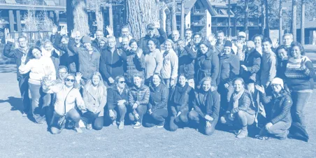 Photo: Exponent staff pose for a group picture at Lake Tahoe staff retreat.