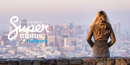 Photo: SuperMums logo with woman looking at a city skyline in the distance.