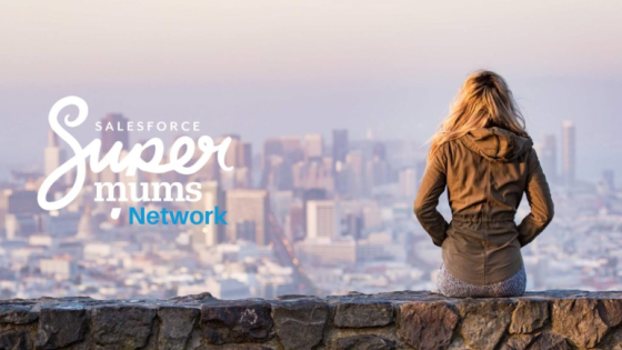 Photo: SuperMums logo with woman looking at a city skyline in the distance.