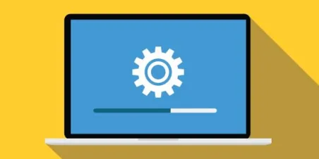 Illustration of a laptop with a gear icon on the screen indicating a software update.