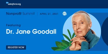 Banner image with Salesforce logo featuring photo of Dr. Jane Goodall