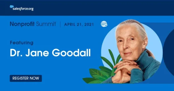 Banner image with Salesforce logo featuring photo of Dr. Jane Goodall