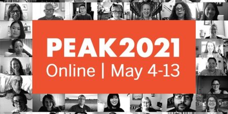 Collage grid of people on a web conference with PEAK 2021 Onlin conference banner