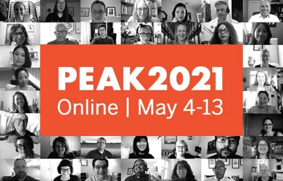 Collage grid of people on a web conference with PEAK 2021 Onlin conference banner