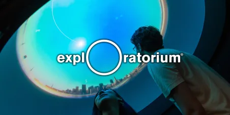 Image: Exploratorium logo with image of visitors looking at an exhibit