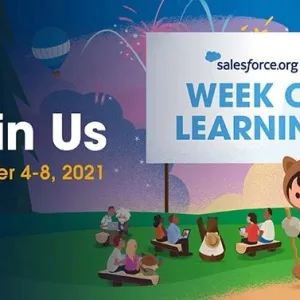 Illustration of Salesforce mascots under a banner that reads Salesforce.org Week of Learning
