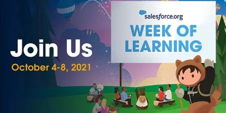 Illustration of Salesforce mascots under a banner that reads Salesforce.org Week of Learning