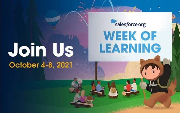 Illustration of Salesforce mascots under a banner that reads Salesforce.org Week of Learning